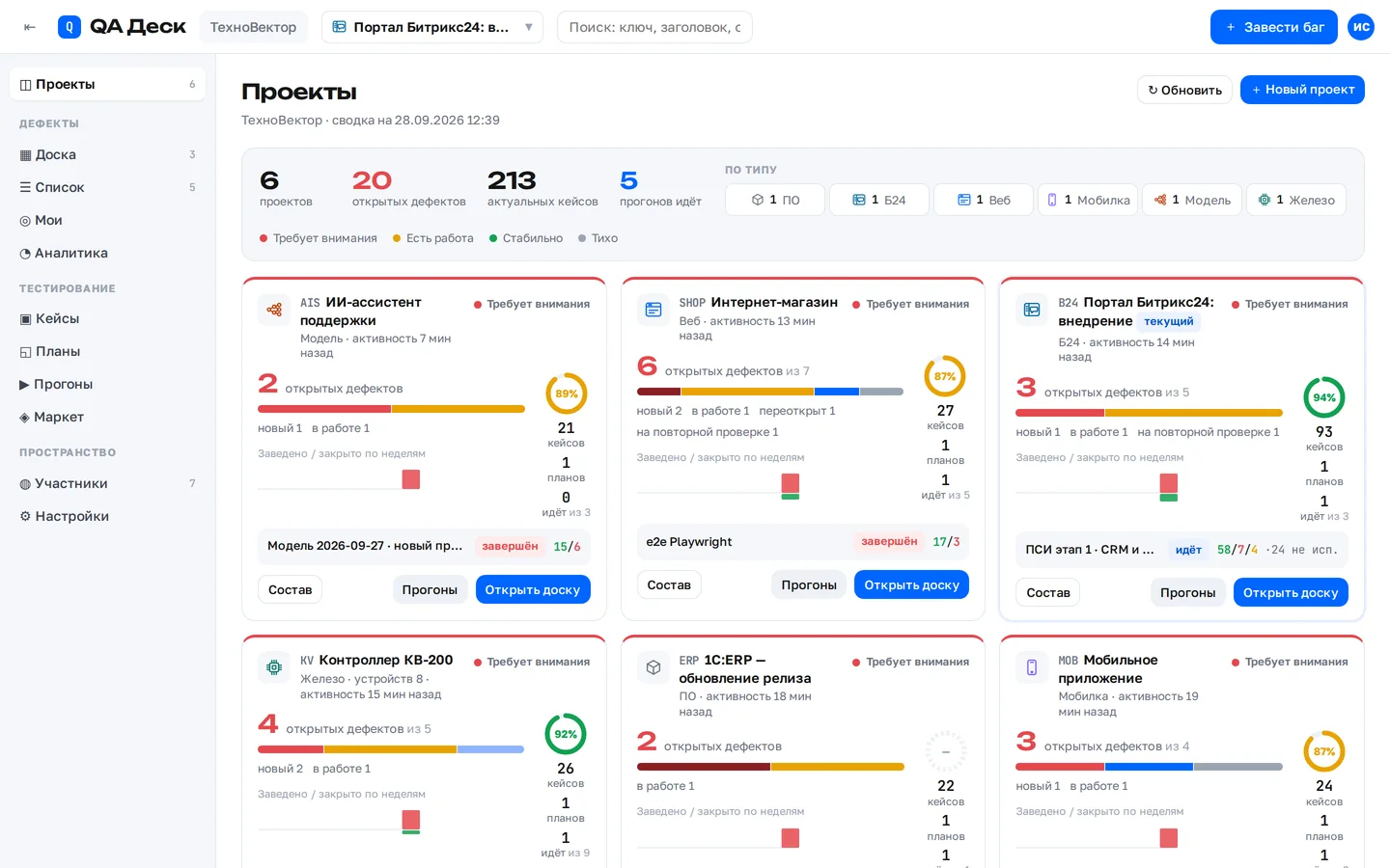Рабочий стол проектов QA Деск